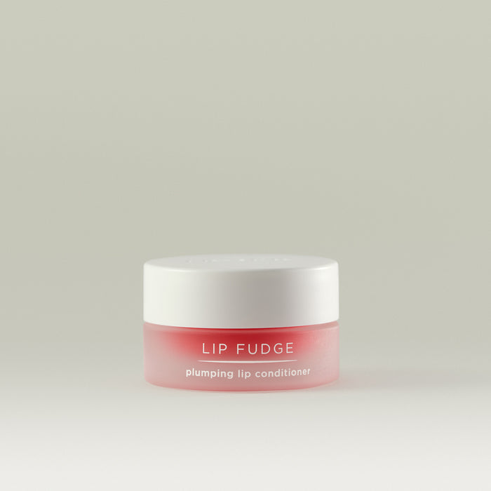 A small frosted pink jar of Lip Fudge plumping lip conditioner with a white lid, displayed against a soft, neutral background.