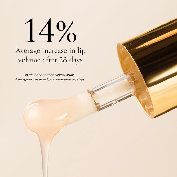 A lip silk serum applicator with text highlighting a 14% increase in lip volume after 28 days.