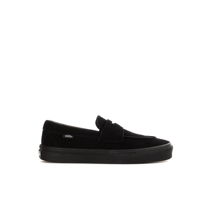 Kids' black Vans slip-on loafer with strap and low-profile rubber sole