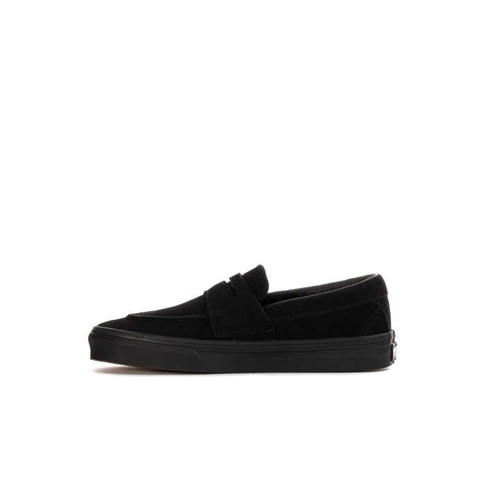 Kids' black Vans slip-on loafer, front view with strap and rounded toe