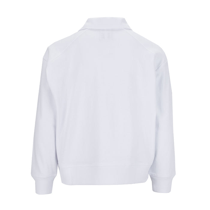 Youth white long-sleeve polo shirt, back view