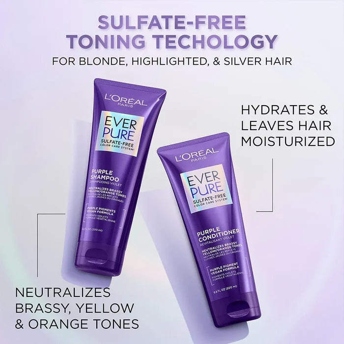LOREAL PARIS Ever Pure Sulfate Free Purple Shampoo شامبو لورِيال باريس  لتوحيد اللون وتقليل الاصفرار في الشعر الأشقر