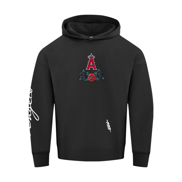 Men's black pullover hoodie with front team A logo and long sleeve text print