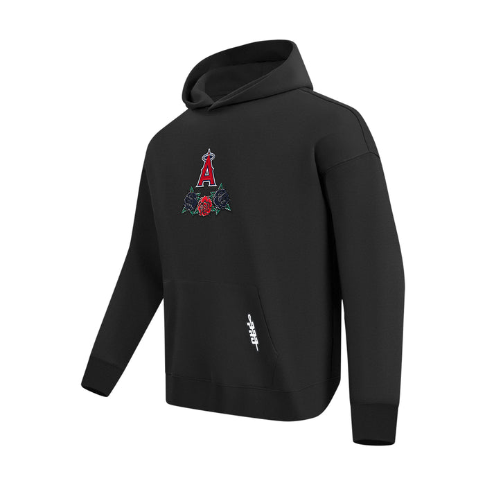 Men's black pullover hoodie with A chest logo and white script on left sleeve