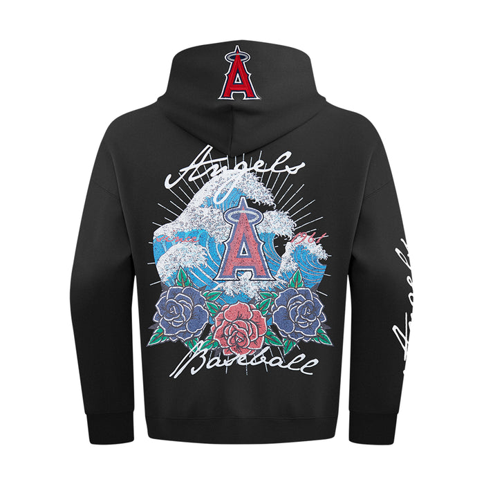 Men's black pullover hoodie with large back floral A graphic and script at neckline