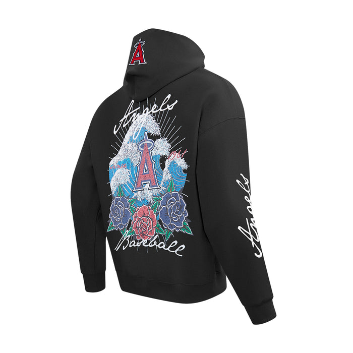Men's black pullover hoodie with large back floral A graphic and white left sleeve script