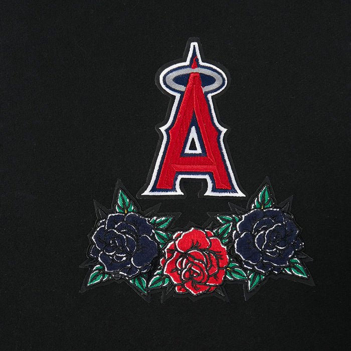Embroidered team A crest with red rose and blue flowers on black fabric