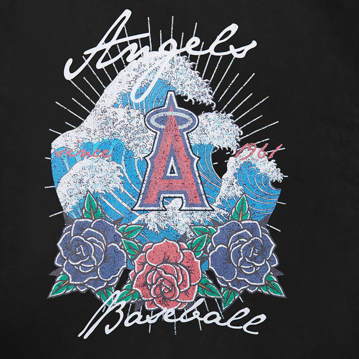 Embroidered floral A graphic with blue waves and roses on black hoodie
