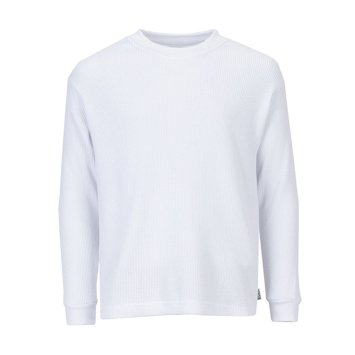 Youth white thermal long-sleeve shirt, crew neck, ribbed cuffs