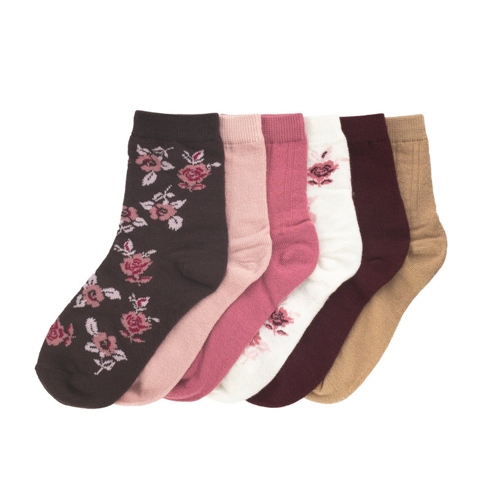 Set of crew socks with floral prints and solid knit bands in magenta tones