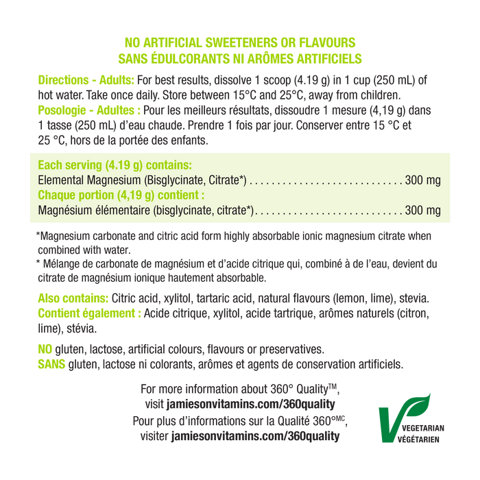 31000563 Jamieson Magnesium Bisglycinate Plus Citrate* Powder Lemon Lime Flavour 228 g 7760_NFP