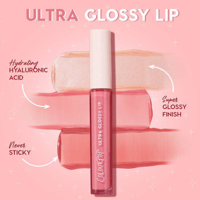 ColourPop Ultra Glossy Lip in Major Throwback, a rosy pink gloss tube with white cap, stands over shimmering and pink swatches, showcasing hydrating hyaluronic acid, super glossy finish, and never-sticky wear on a pink backdrop.