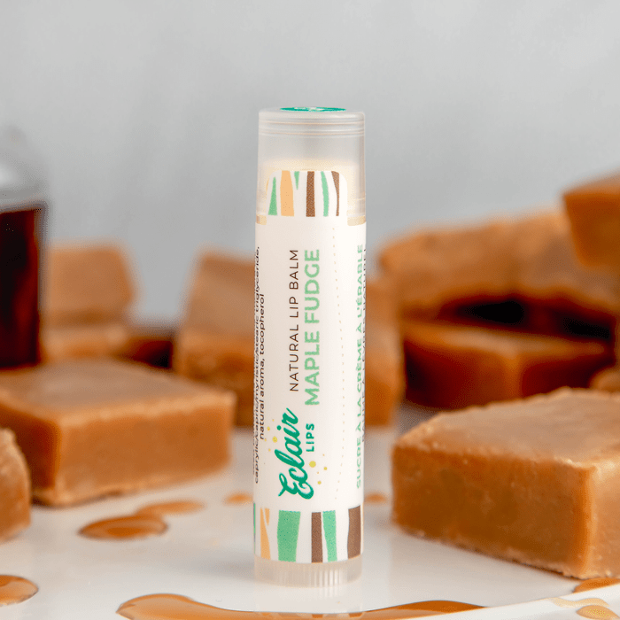 Eclair Lips Maple Fudge lip balm with fudge squares