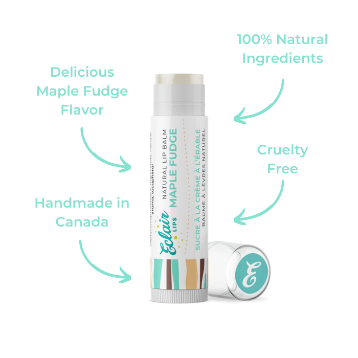 Lip balm with maple fudge label.
