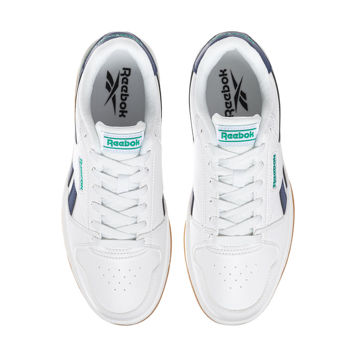Women's white sneaker; Reebok logo on tongue and insole, lace-up