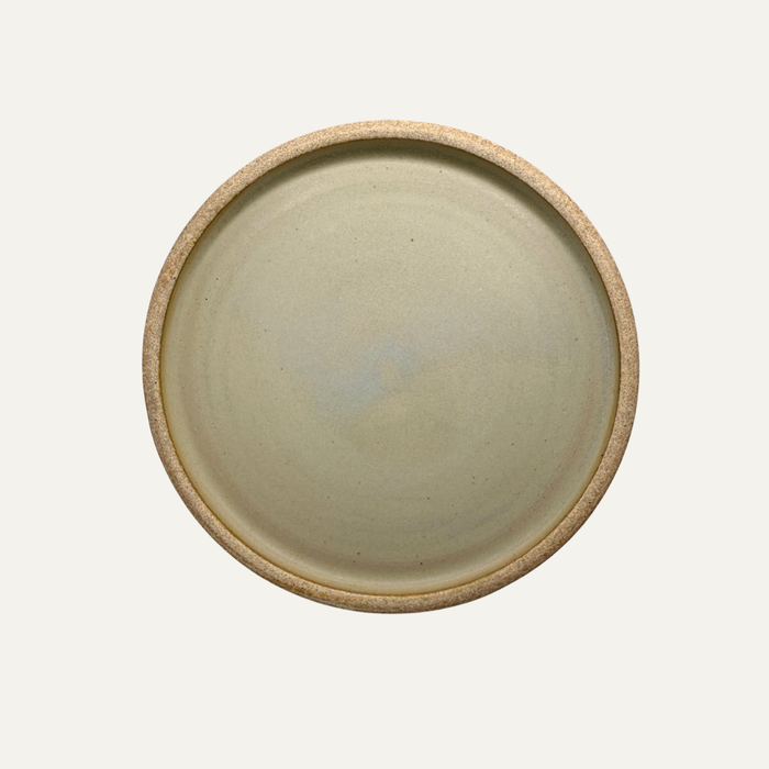 Cream matte glazed 8-inch plate, flat top with rounded rim and subtle speckling