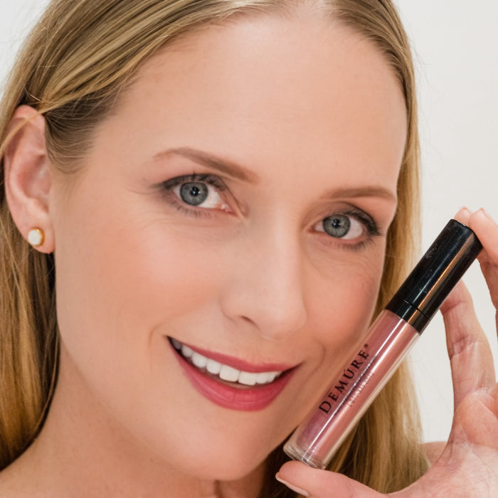 Woman wearing Demure Matte Lipstick Charmed and Demure Lip Liner Antique Rose