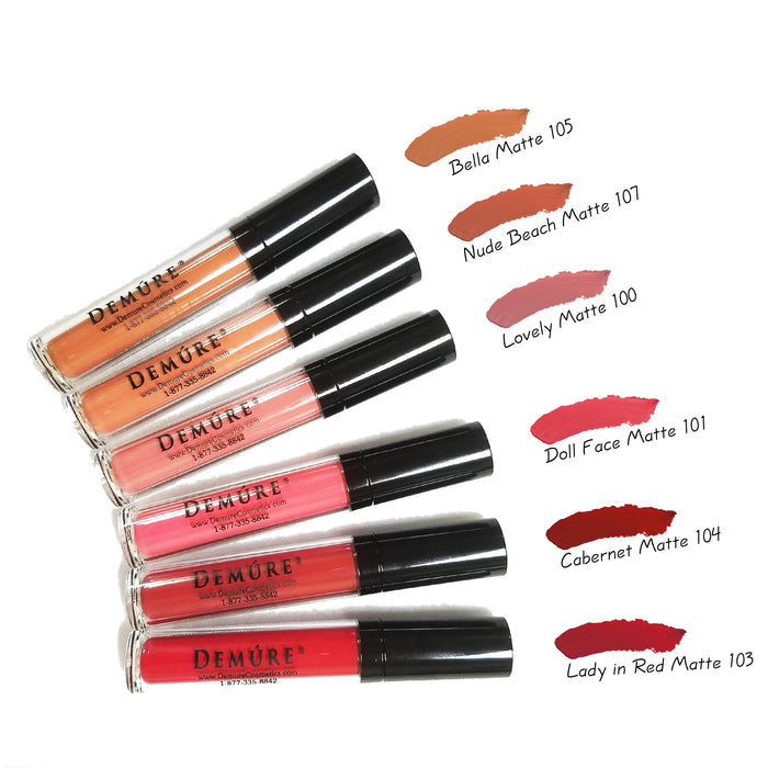 Image of Demure Matte Lipstick colors  in a fan configuration, with a swatch of the color and color name.