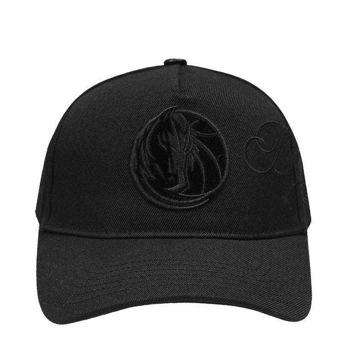 Black low-profile snapback cap with embroidered front logo and eyelet stitching