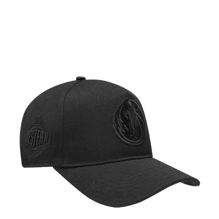 Black snapback cap with circular side embroidery and curved brim