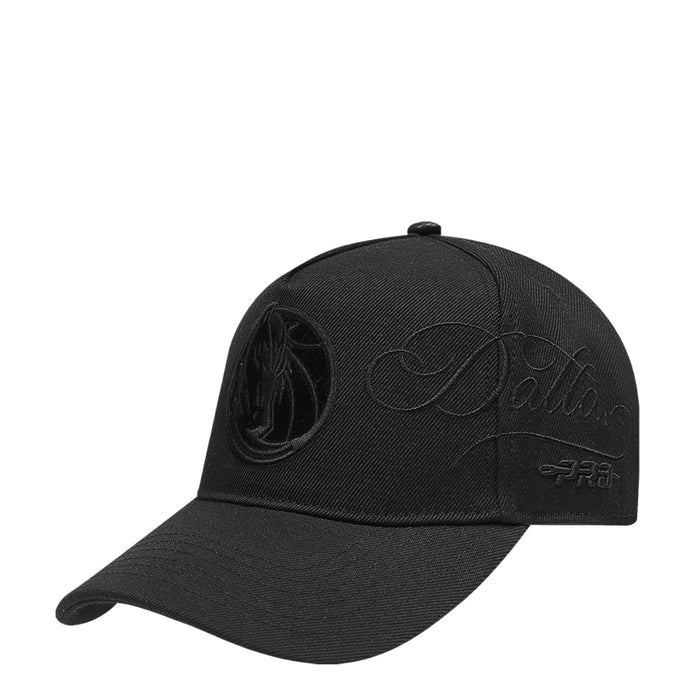 Black snapback cap with front and side embroidered graphics and curved brim