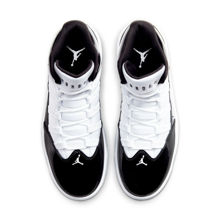 Pair of high-top basketball shoes, black toe caps and white padded collar