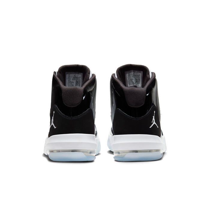 Rear view of high-top basketball shoes in black and white, heel tabs with logos