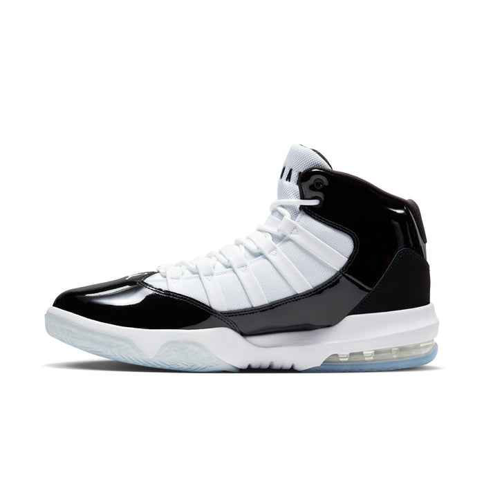 High-top basketball shoe in black and white with white laces and Air logo
