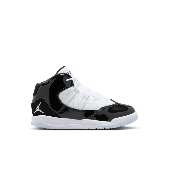 Kids high-top sneakers in black and white with lace-up closure and Air Jordan logo.