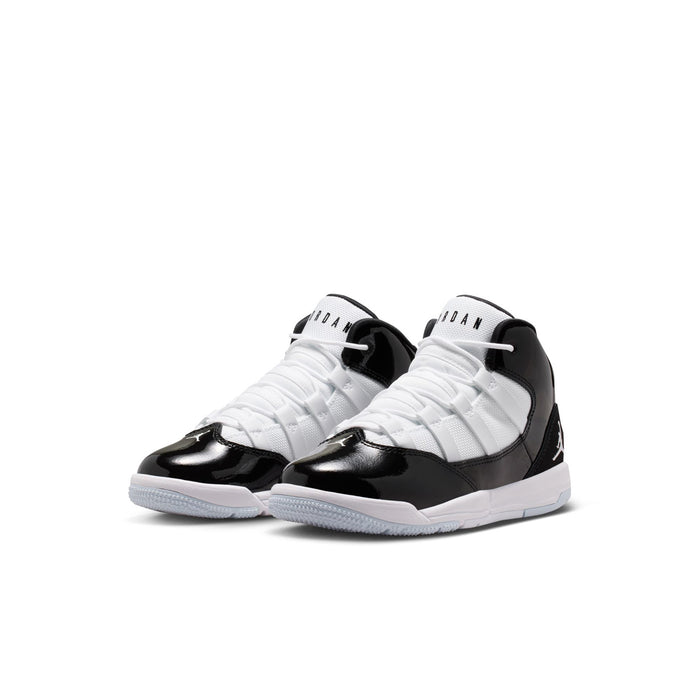 Kids black and white high-top sneakers, side view with textured panels and lace-up.