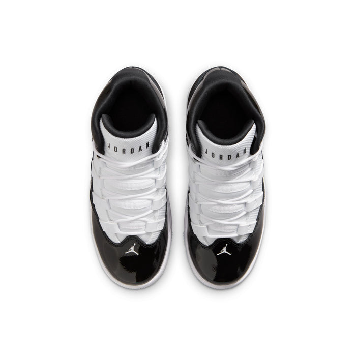 Kids black and white high-top sneakers, heel and tongue view with woven logo details.