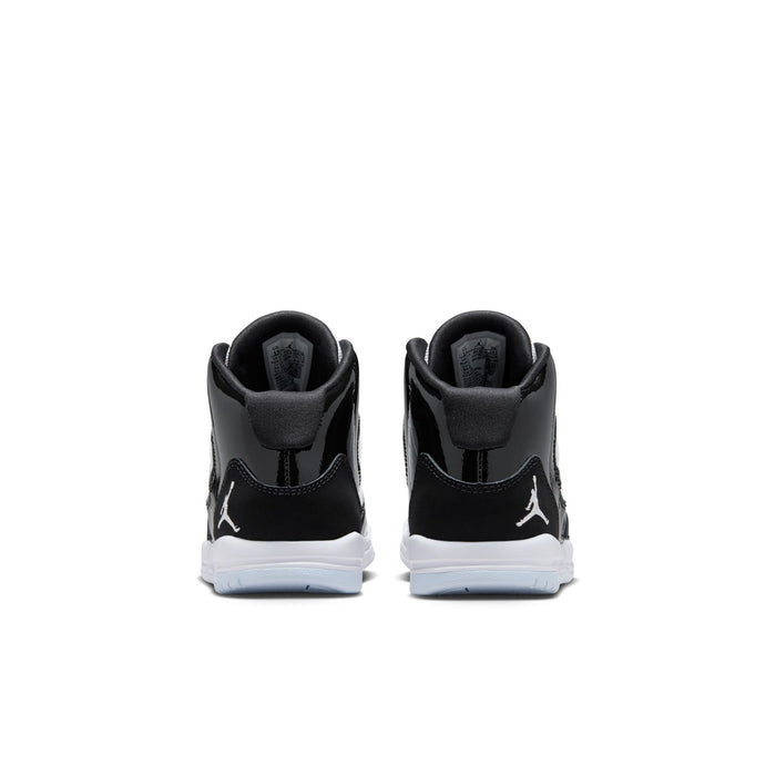 Kids black high-top sneakers with white soles, back view with lace-up collar and logo.