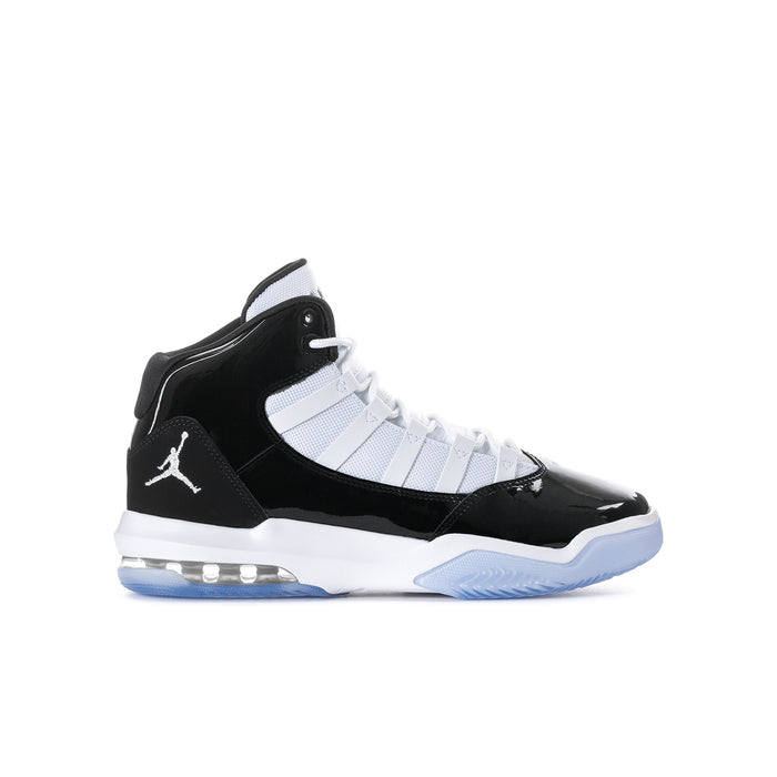 Youth high-top basketball shoe in black, white, and light blue with lace-up design