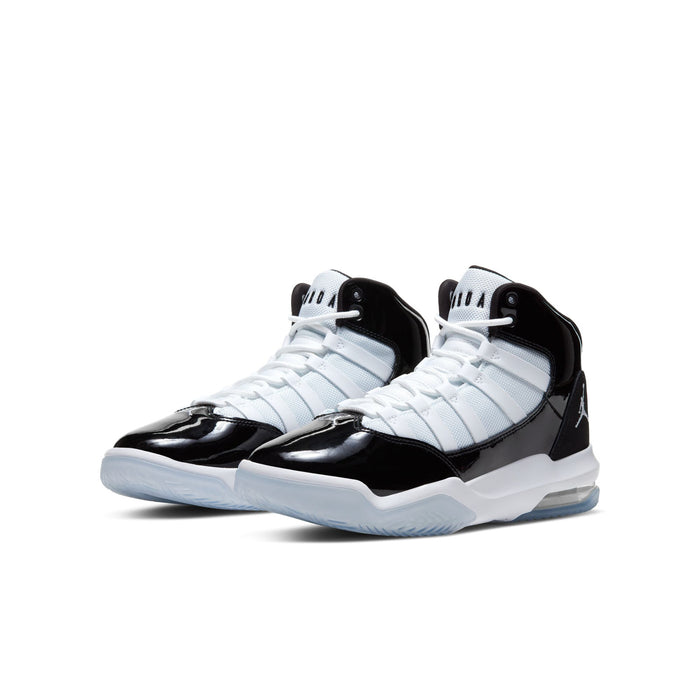Youth high-top sneaker with black patent panels, white overlays, and blue-tinted sole