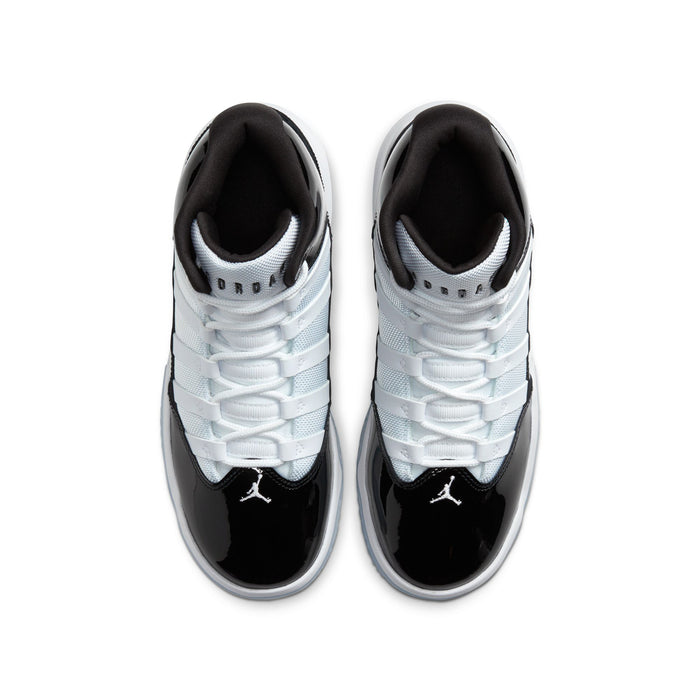 Youth high-top sneaker, black and white uppers with white laces and mesh tongue