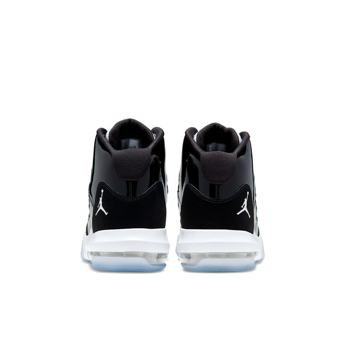 Youth high-top sneaker with black heel, white midsole, and Jumpman logos on sides