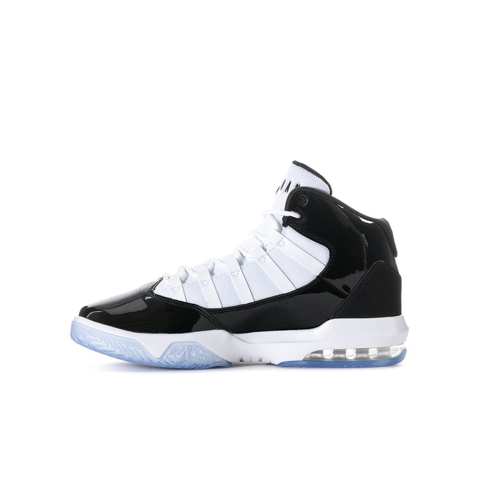Youth high-top basketball shoe in black and white with lace-up and blue outsole