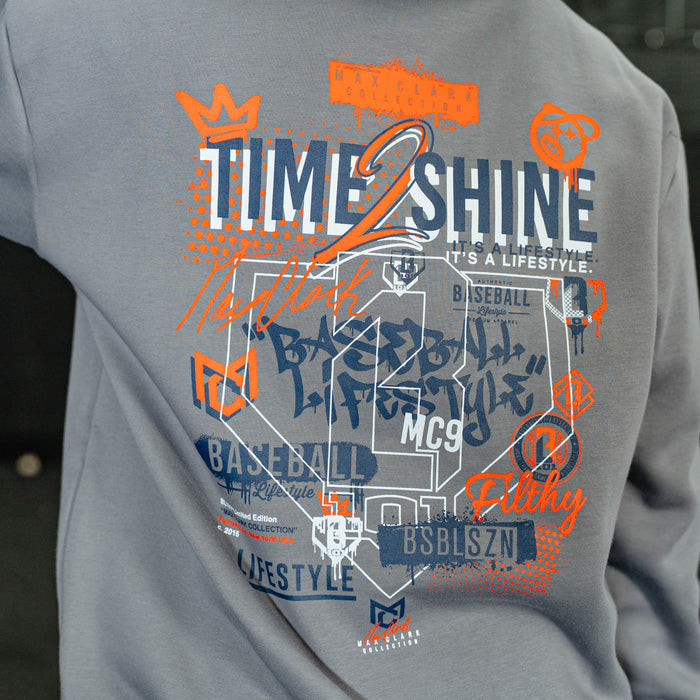 Gray sweatshirt with colorful graphic design on the back