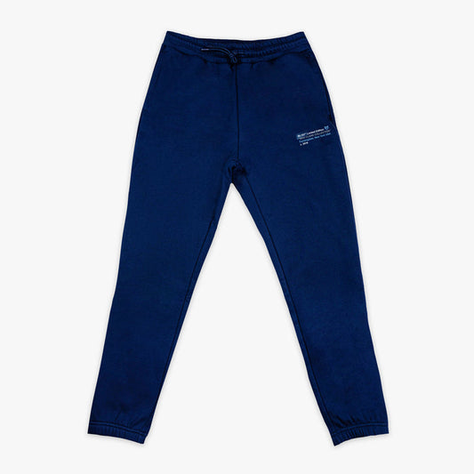 Navy blue sweatpants with a logo on a white background