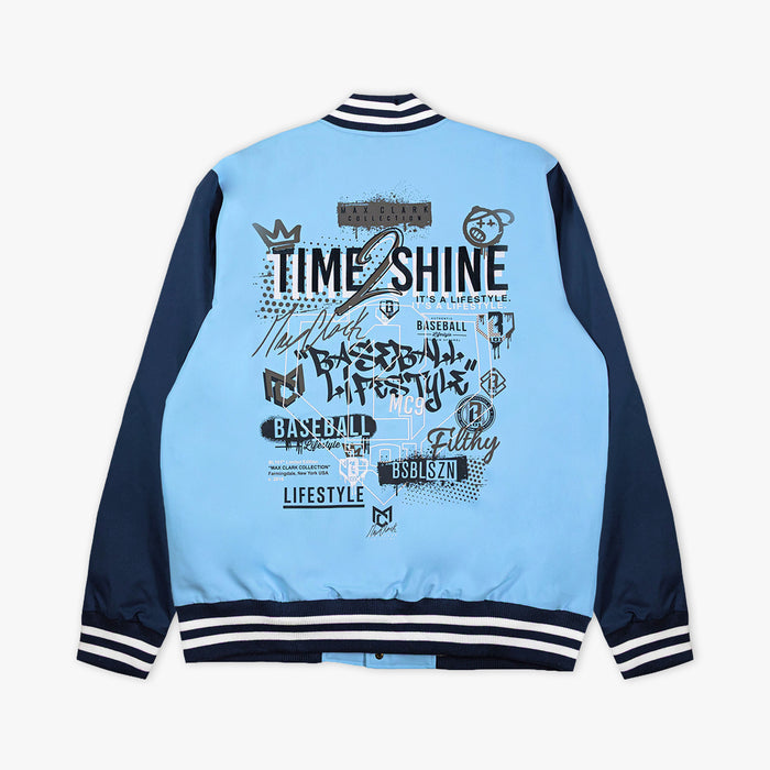 Light blue and navy jacket with text and graphics on a white background