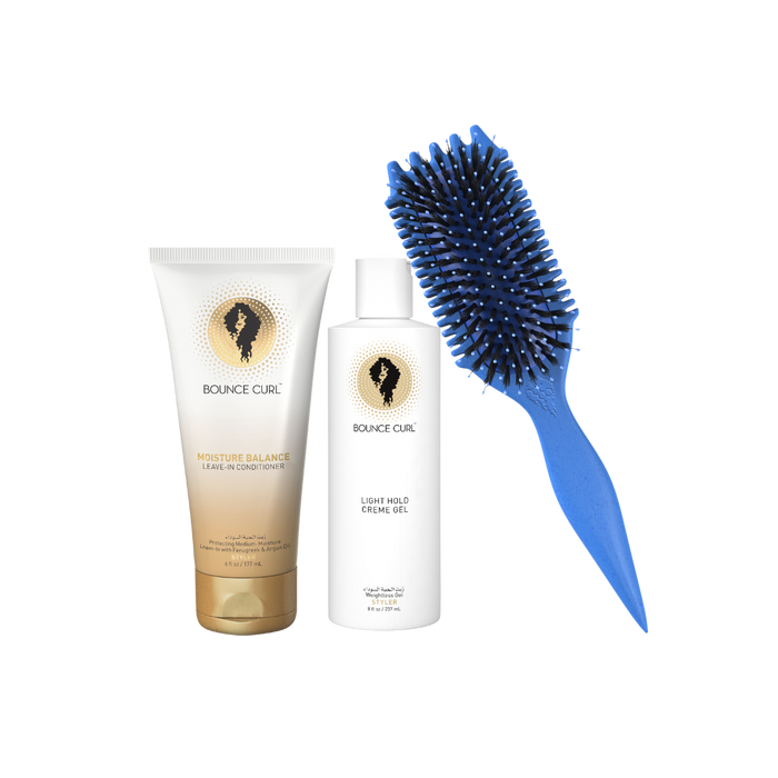 Bounce Curl Max Volume Bundle with Moisture Balance Leave-In Conditioner, Light Hold Creme Gel, and Blue EdgeLift Brush