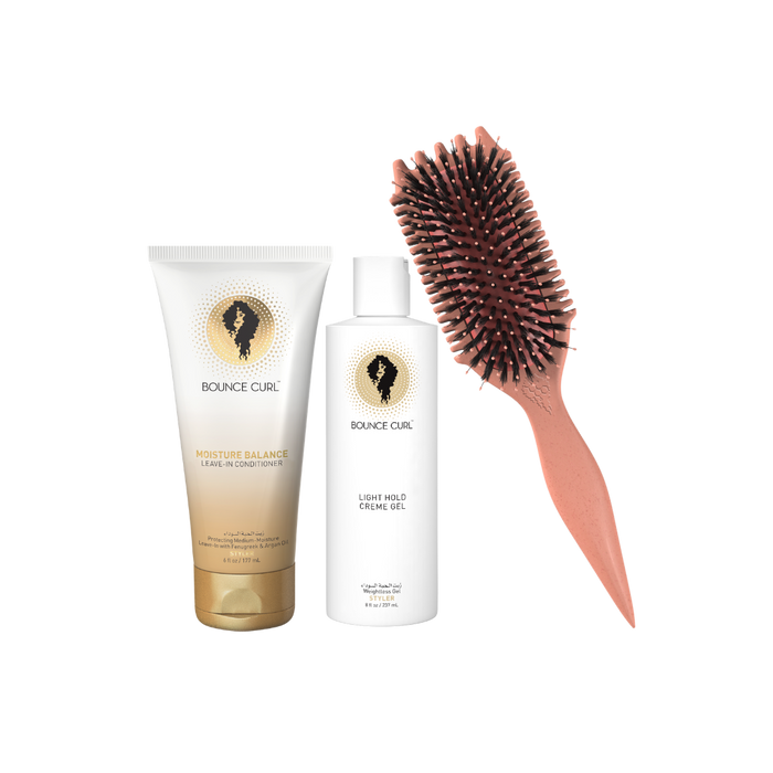Bounce Curl Max Volume Bundle with Moisture Balance Leave-In Conditioner, Light Hold Creme Gel, and Peach EdgeLift Brush