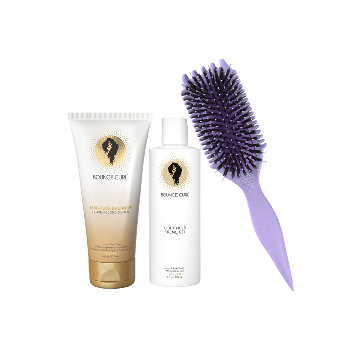 Bounce Curl Max Volume Bundle with Moisture Balance Leave-In Conditioner, Light Hold Creme Gel, and Purple EdgeLift Brush