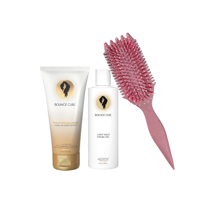Bounce Curl Max Volume Bundle with Moisture Balance Leave-In Conditioner, Light Hold Creme Gel, and Raspberry EdgeLift Brush