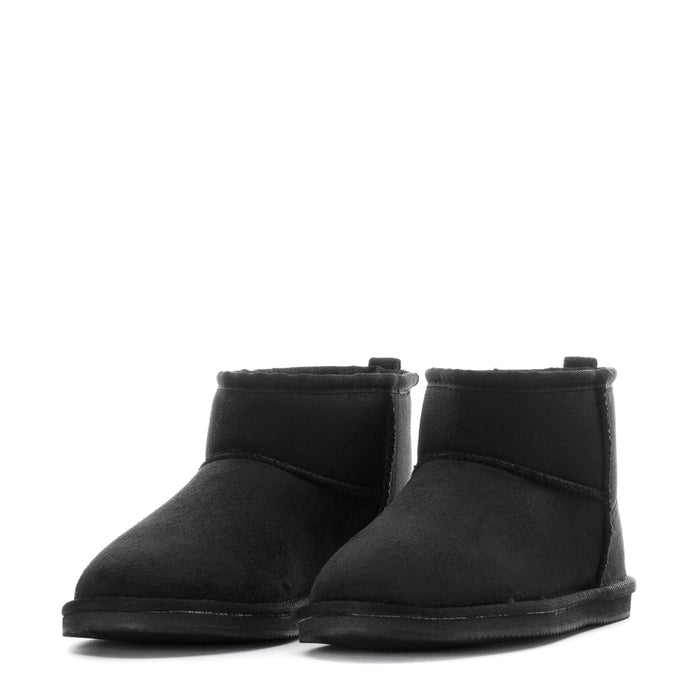 Pair of black low ankle boots with stacked sole and slip-on design