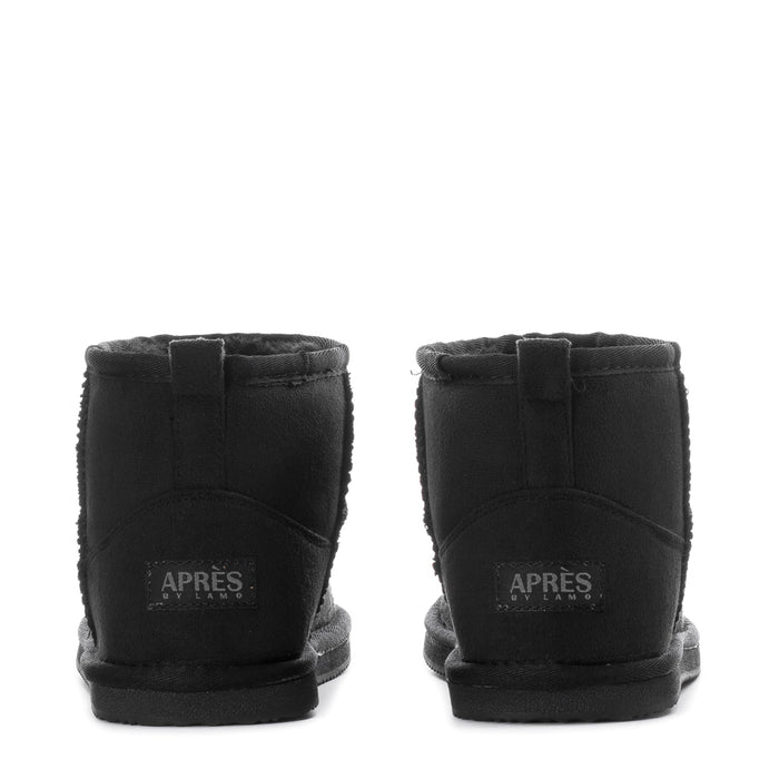 Black low ankle boots with APRES logo on back heel and pull-on tabs