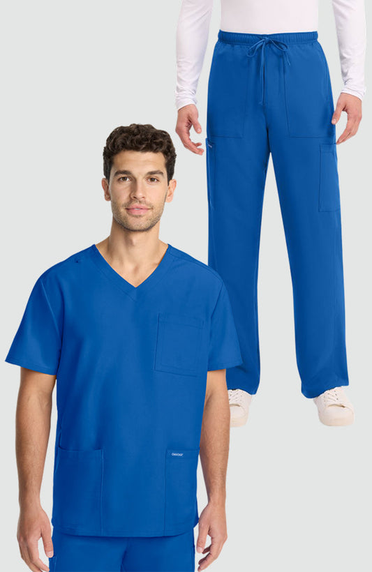 Men's Scrub Set: 3-Pocket V-Neck Scrub Top & Zip Fly Cargo Straight Leg Scrub Pant