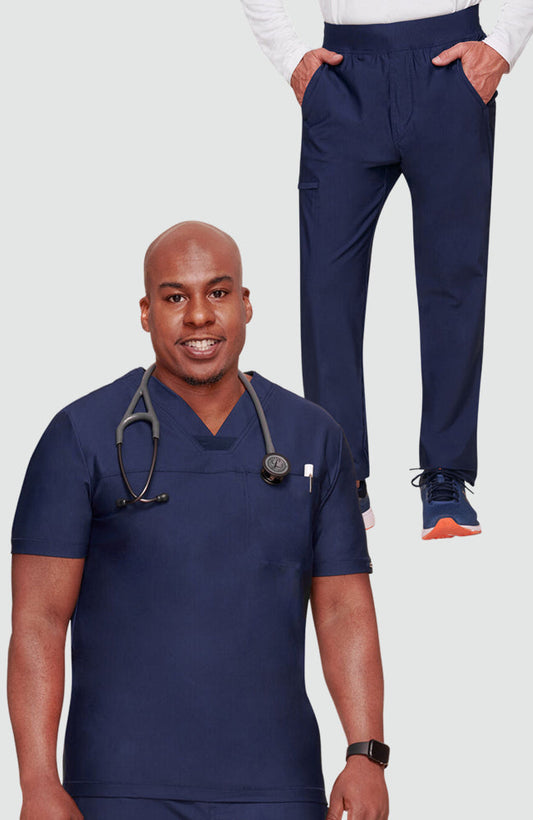 Men's Scrub Set: Mesh Panel Chest Pocket V-Neck Scrub Top & Tapered Scrub Pant