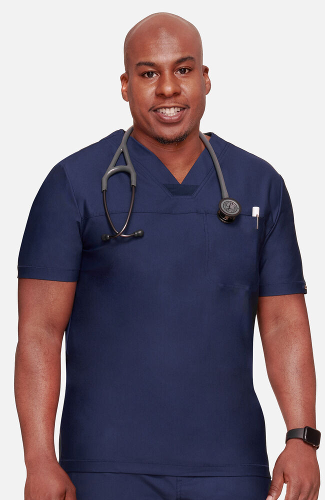 Men's Scrub Set: Mesh Panel Chest Pocket V-Neck Scrub Top & Tapered Scrub Pant