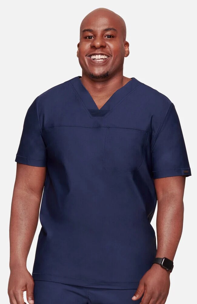 Men's Scrub Set: Mesh Panel Chest Pocket V-Neck Scrub Top & Tapered Scrub Pant